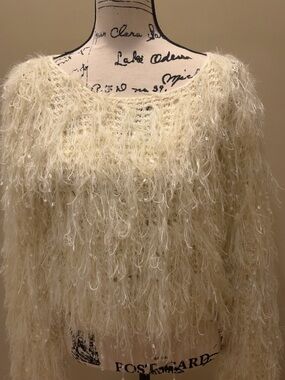 Akira Cream Fringe Sweater Eyelash Knit Sequin Detail Long Sleeve Size Medium